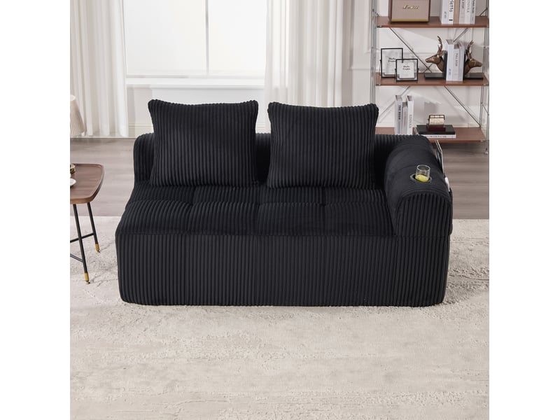  Canapé 2 places compact 158x93x61 cm, velours côtelé noir, poches latérales, porte-gobelets incorporés, rembourrage épais  - Conforama E