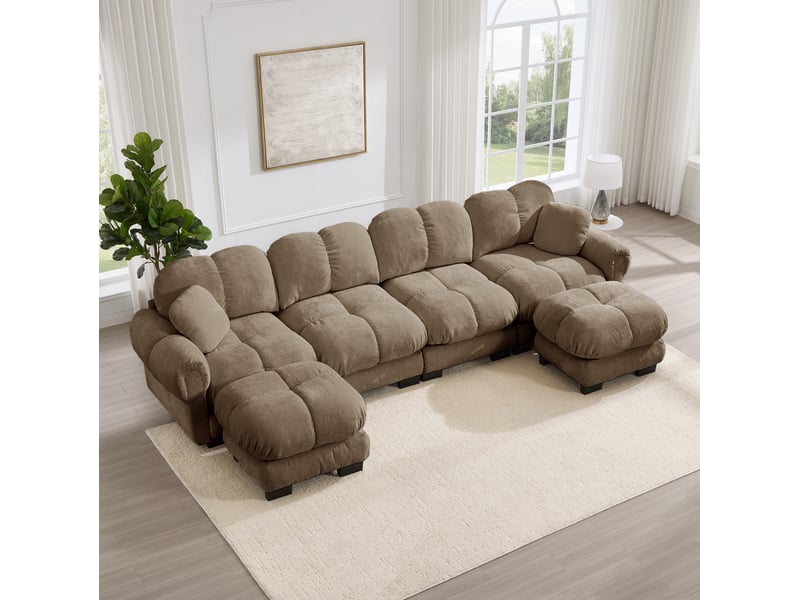  Canapé d’angle panoramique en u 4 places 330x149x90 cm, coussins garnis, modulaire 2 poufs déplaçables, revêtement en chenille, marron  - Conforama D
