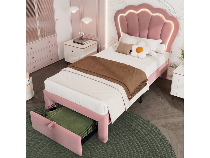  Modenvie lit enfant 90x200 cm - avec led rgb, tête de lit réglable, sommier inclus - rose  - Conforama B