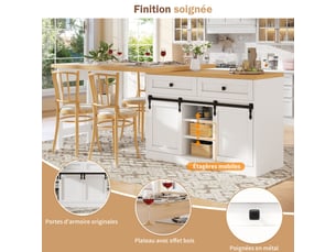 Îlot de cuisine extensible blanc,2 tiroirs et étagères réglables,table à manger rotation 360°,en mdf et métal,120-197x40x72cm