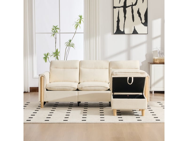 Canapé d'angle 3 places, avec pouf de rangement, 201x77x86cm, beige - Conforama D