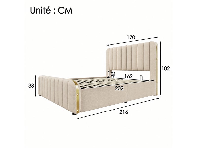 Lit coffre 160x200 en lin beige, tête rembourrée, ports usb et usb-c - Conforama C