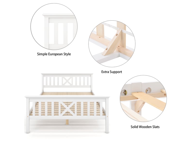  Lit double 200×140 cm avec tête de lit en x et sommier à lattes, sans matelas, en pin massif et mdf blanc  - Conforama E