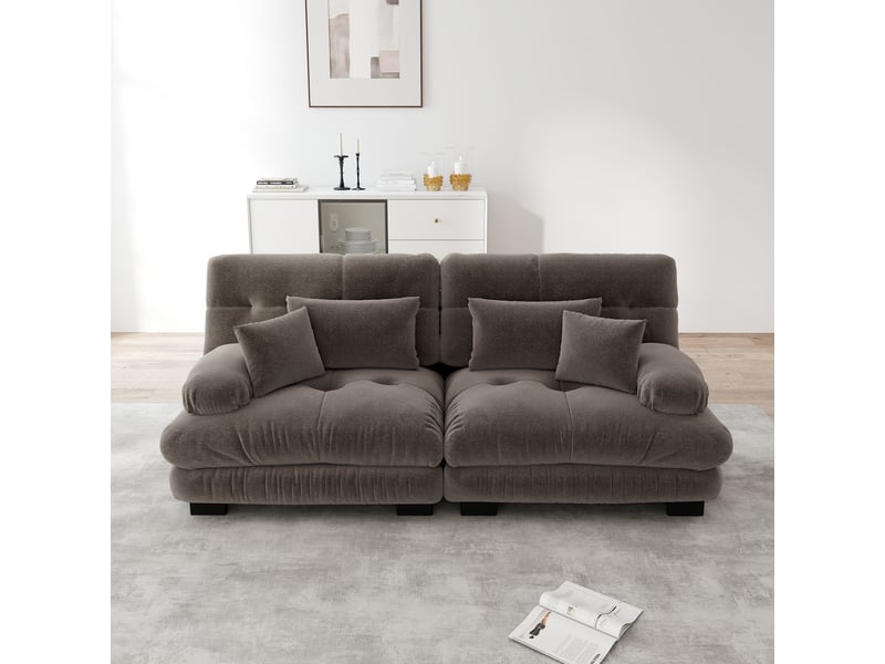 Canapé d'angle, canapé 2 places : en chenille, marron, style cloud, coussins inclus - Conforama A