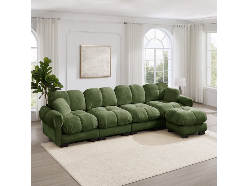  Canapé modulable 4 places 330x149x90 cm, coussins garnis surpiqûres, pouf déplaçable, tissu en chenille, vert  - Conforama E