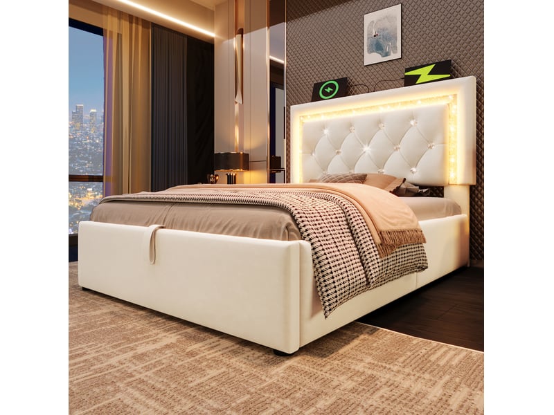  Modenvie lit coffre 1 place 90x200 cm - led intégrée, ports usb et usb-c, matelas inclus - beige  - Conforama D
