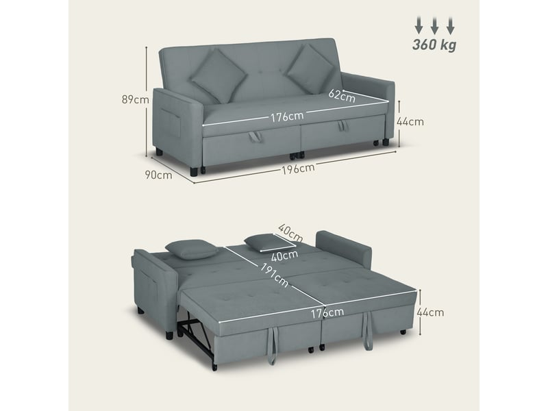  Canapé convertible 3 places canapé-lit clic-clac réversible avec dossier réglable et coussins, gris, 196 x 90 x 89 cm  - Conforama C