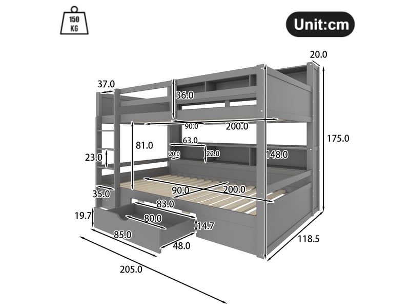  Lit superposé enfant 90x200 cm avec tiroir et rangements coloris gris  - Conforama C