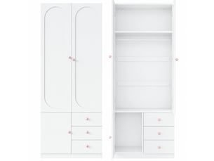 Armoire avec 4 portes, 6 tiroirs, penderies et étagères, poignées en céramique rose, blanche, 160 × 50 × 200 cm