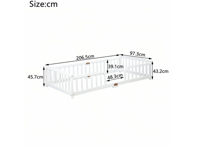  Lit au sol enfant modenvie 90 x 200 cm avec barrières de sécurité entrée centrale bois de pin et contreplaqué blanc  - Conforama C