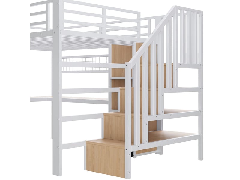  Lit mezzanine fer 140x200 cm compartiment 4 tiroirs grille suspension led bureau escalier rangement blanc sans matelas  - Conforama E