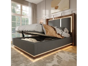 Lit coffre 90 x 200 cm en tissu gris avec led, sommier inclus
