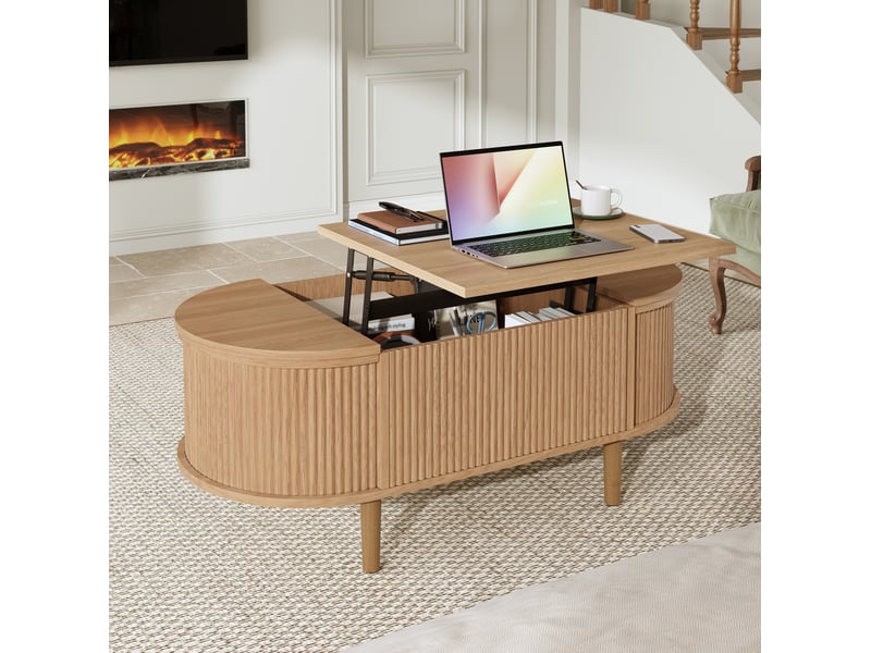  Table basse ovale relevable 100x48x53,5 cm avec rangement, coloris chêne  - Conforama E