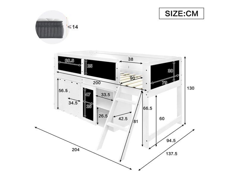Lit mezzanine enfant simple 90×200 cm, armoire et tableau - échelle inclinée, sans matelas, bois blanc et noir - Conforama D