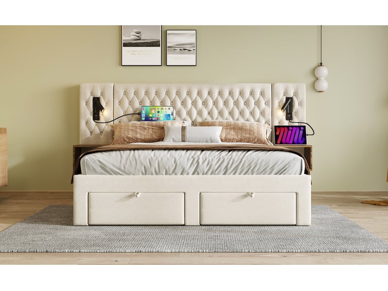 Lit plateforme 160x200 cm en tissu beige avec têtes de lit lumineuses usb, 2 chevets et tiroirs intégrés - Conforama C