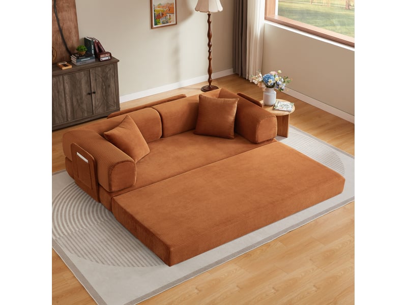  Canapé droit convertible 3 places en velours côtelé marron, 2 coussins, structure acier chromé, confort quotidien et nuit  - Conforama B