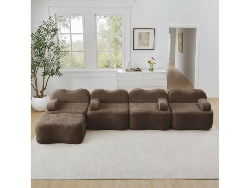  Canapé d'angle modulable 4 places en velours marron avec ottoman, dossier ondulé pour votre salon familial  - Conforama B