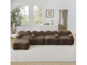 Canapé d'angle modulable 4 places en velours marron avec ottoman, dossier ondulé pour votre salon familial