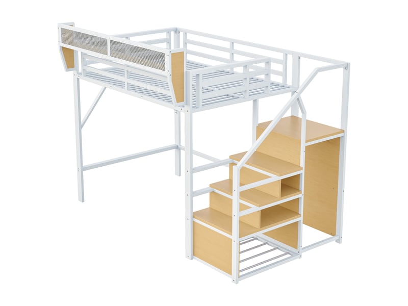 Lit mezzanine 140x200cm, lit enfant avec échelle de sécurité, table, espace de rangement, sommier, métal noir, sans matelas  - Conforama E