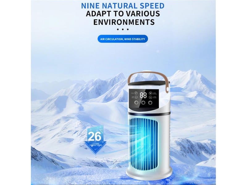  Climatiseur portable – tour ventilateur avec brumisation réglable et éclairage led – ventilateur de table rafraîchissant et silencieux – mini refroidisseur d'air pour maison, bureau et camping  - Conforama E