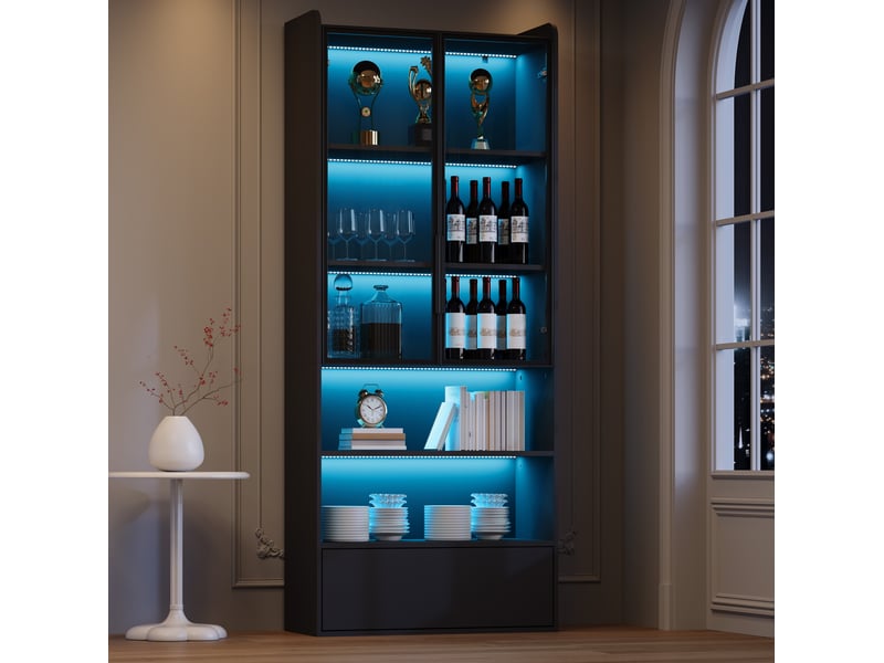  Vitrine haute 80x34x180 cm noire avec led, portes en verre et 1 tiroir  - Conforama D