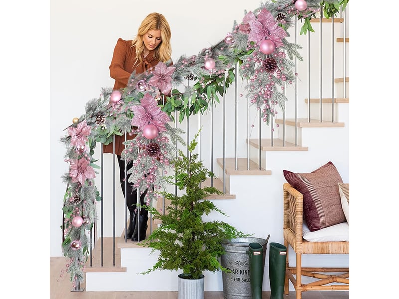  Guirlande de noël rose artificielle 1,8 m avec pommes de pin, nœud et baies, décoration maison noël  - Conforama C
