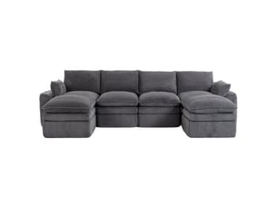 Canapé modulable 4 places en velours côtelé gris foncé avec 2 poufs, coussins et poches latérales