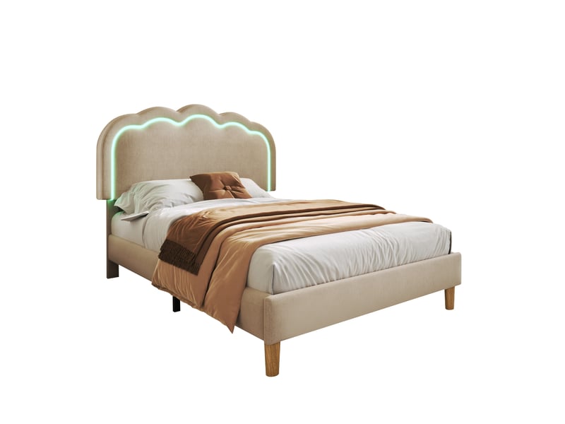  Modenvie lit simple capitonné 90x200 cm - avec led, tête de lit réglable, sans matelas - beige  - Conforama A