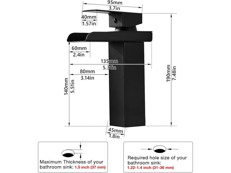  Robinet de salle de bains cascade noir moderne, robinet de lavabo cascade avec bec hauteur 140 mm, robinet de salle de bains en laiton  - Conforama C