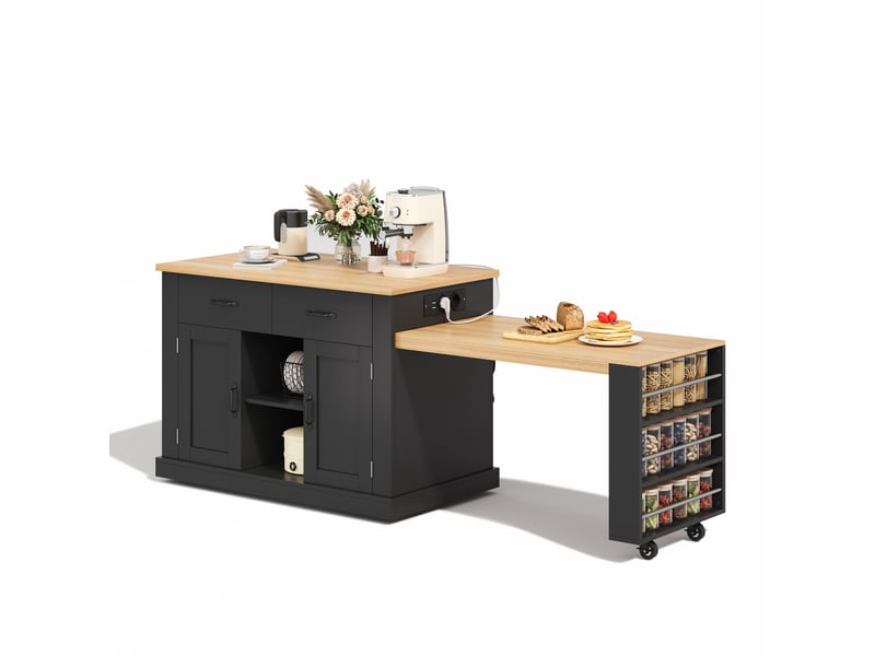 Desserte îlot de cuisine avec table extensible 132(235)x70x90 cm, mdf noir, prises+usb - Conforama A