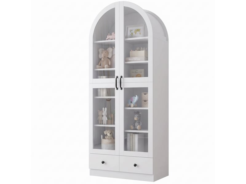  Vitrine arquée 76x40x180 cm blanche avec portes vitrées, rangement multi-niveaux et 2 tiroirs Fay Lum - Conforama A