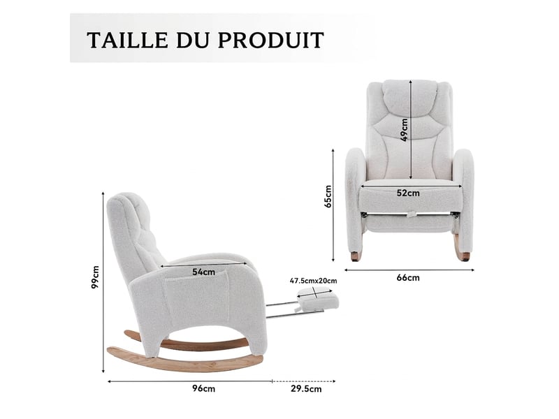  Chaise à bascule en tissu teddy blanc avec repose-pieds pliable, fauteuil relax salon, capacité 110 kg  - Conforama E