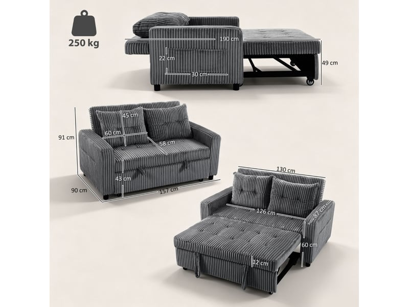  Canapé-lit 2 places 3-en-1 en velours côtelé gris foncé, 157 x 90 x 91 cm  - Conforama C
