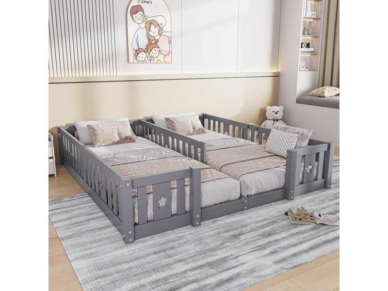 Lit au sol 90x200 cm, lit double enfant 90x200 cm avec barrières de sécurité, lit 2 personnes,sans sommier à lattes,gris - Conforama E