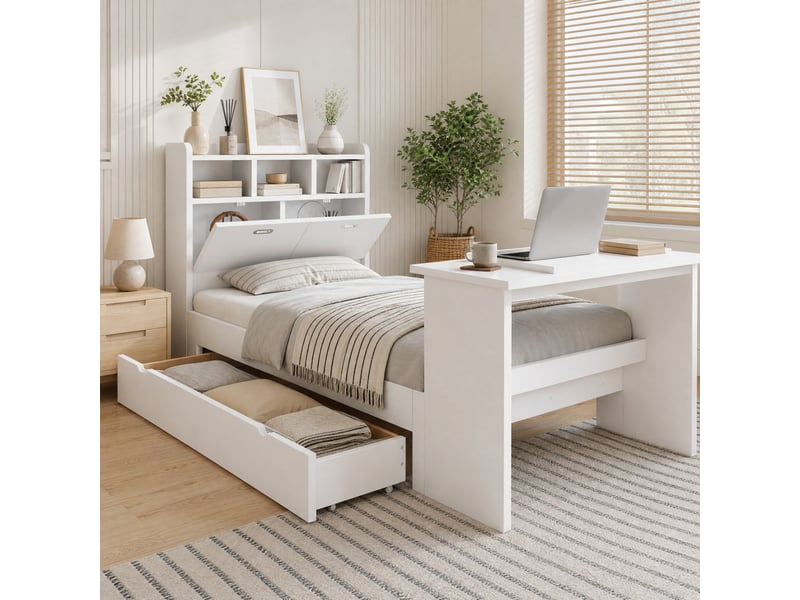  Lit enfant 90x200 cm avec rangement et table pliante en bois blanc  - Conforama B