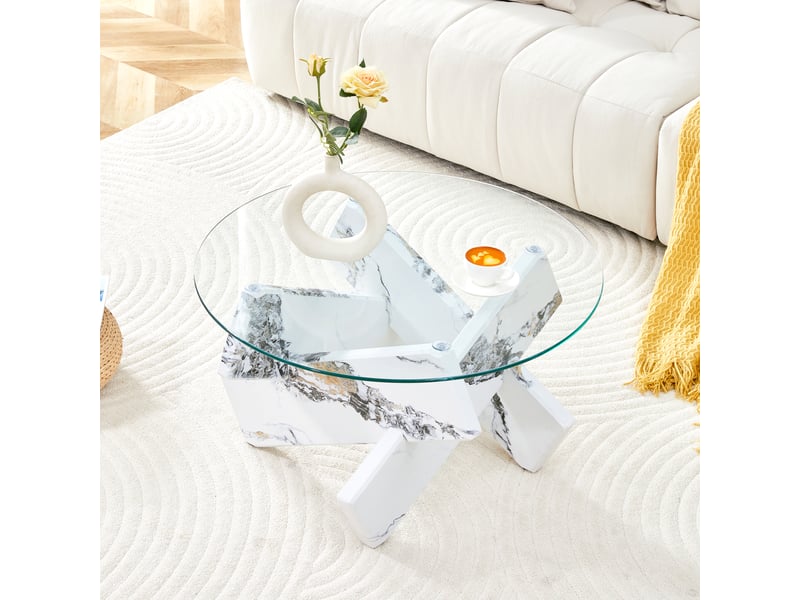  Table basse ronde 79 cm, meuble de salon, plateau en verre, mdf imitation marbre blanc, élégante, transparent et blanc  - Conforama B