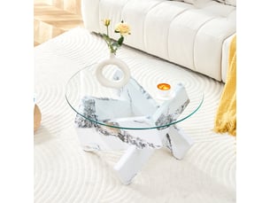 Table basse ronde 79 cm, meuble de salon, plateau en verre, mdf imitation marbre blanc, élégante, transparent et blanc