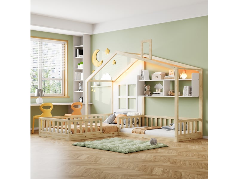  Lit cabane enfant 90x200 cm avec led, étagères, barrières et sommier en bois  - Conforama B
