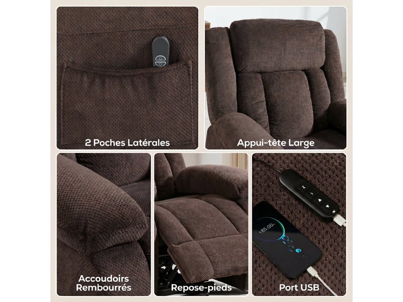  Fauteuil releveur électrique, fauteuil relax électrique en velours, dossier inclinable, port usb, assise large, marron  - Conforama R