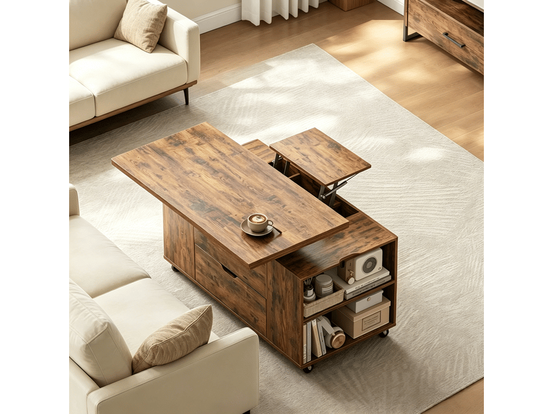  Table basse relevable à roulettes verrouillables - lpospi - plateau rabattable, rangement, bois et métal marron rustique  - Conforama B