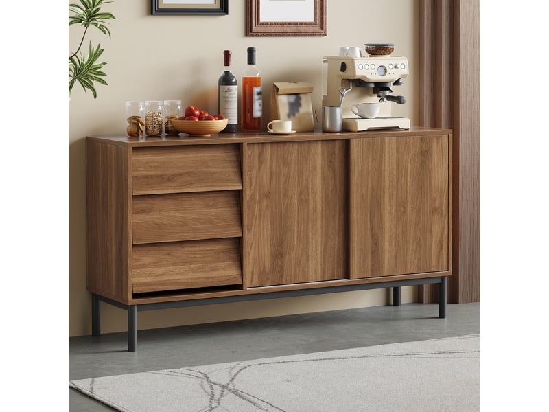  Buffet 3 tiroirs et 2 portes coulissantes 150x40x80 cm mdf noyer naturel  - Conforama W