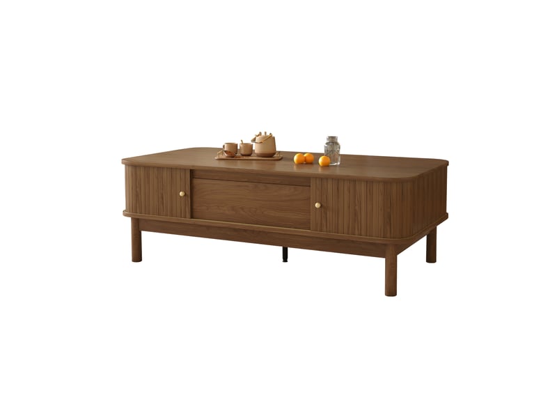  Table basse 120 × 62 × 41 cm en mdf avec tiroir, portes coulissantes à lamelles et rangement caché, marron, pour salon  - Conforama A