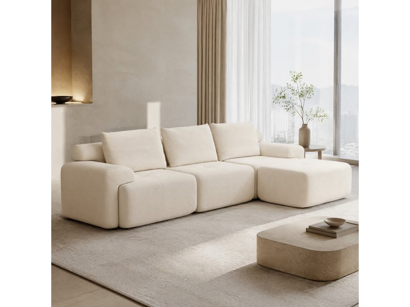  Canapé d'angle modulaire avec assise profonde, mousse haute densité et pouf mobile en tissu côtelé blanc 305 cm  - Conforama B