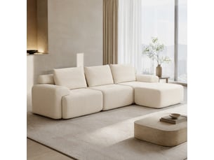 Canapé d'angle modulaire avec assise profonde, mousse haute densité et pouf mobile en tissu côtelé blanc 305 cm