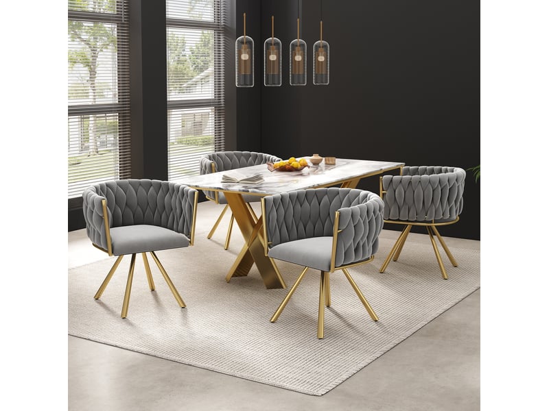  Lot de 6 chaises de salle à manger en velours, doré+gris, chaises pivotantes avec pieds en structure métallique  - Conforama D