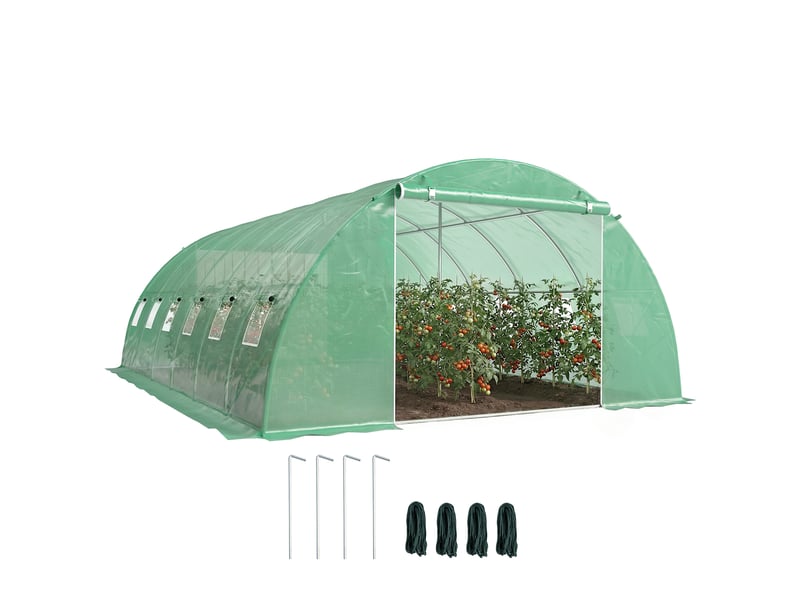  Serre tunnel avec 2 barres de support, 2 portes enroulables et fenêtres en filet, bâche en pe verte anti-uv  - Conforama A