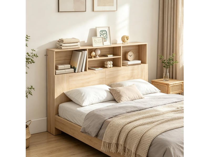  Tête de lit tcqpz 140 cm avec 4 niches de rangement en mdf et panneaux de particules coloris naturel  - Conforama E