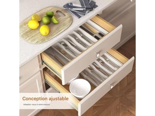 Boîte de rangement pour couverts, plateau à couverts extensible de type tiroir, boîte de rangement en plastique pour cuillères et fourchettes, blanche