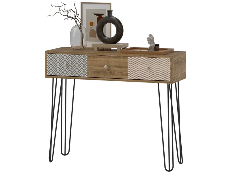  Console à 3 tiroirs avec pieds en acier épingle à cheveux, style bohème naturel  - Conforama B