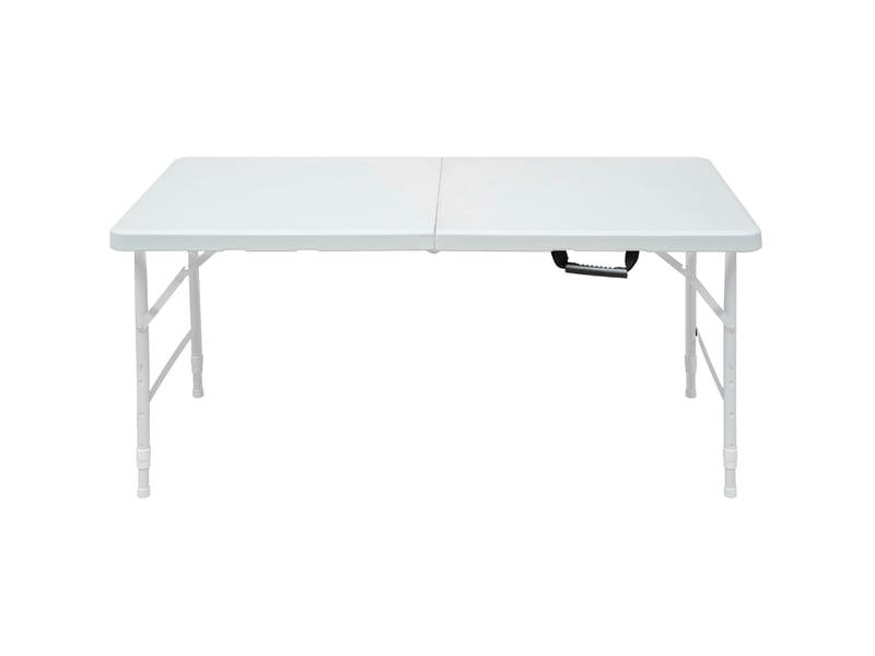  Table pliante d'extérieur ulevr réglable en hauteur de 58 à 73,66 cm, 124,97 x 60,96 cm, plateau en plastique, pieds en acier, blanche  - Conforama A